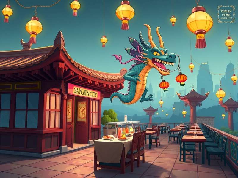 Interior of Dragon City Chinese Restaurant with dragon-themed decor