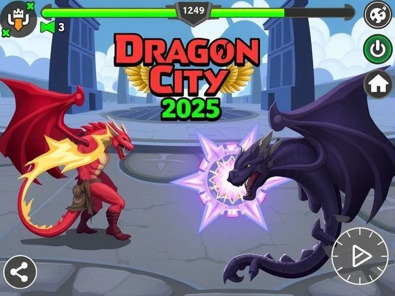 Epic Dragon City PvP Battle Scene with elemental dragons fighting